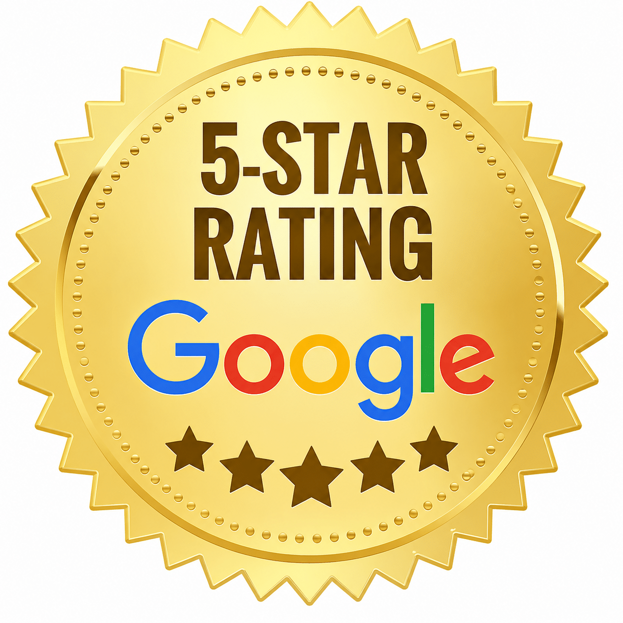 Gold seal with "5-STAR RATING" and Google logo, representing high customer satisfaction for Magic Mirror photo booth rentals.