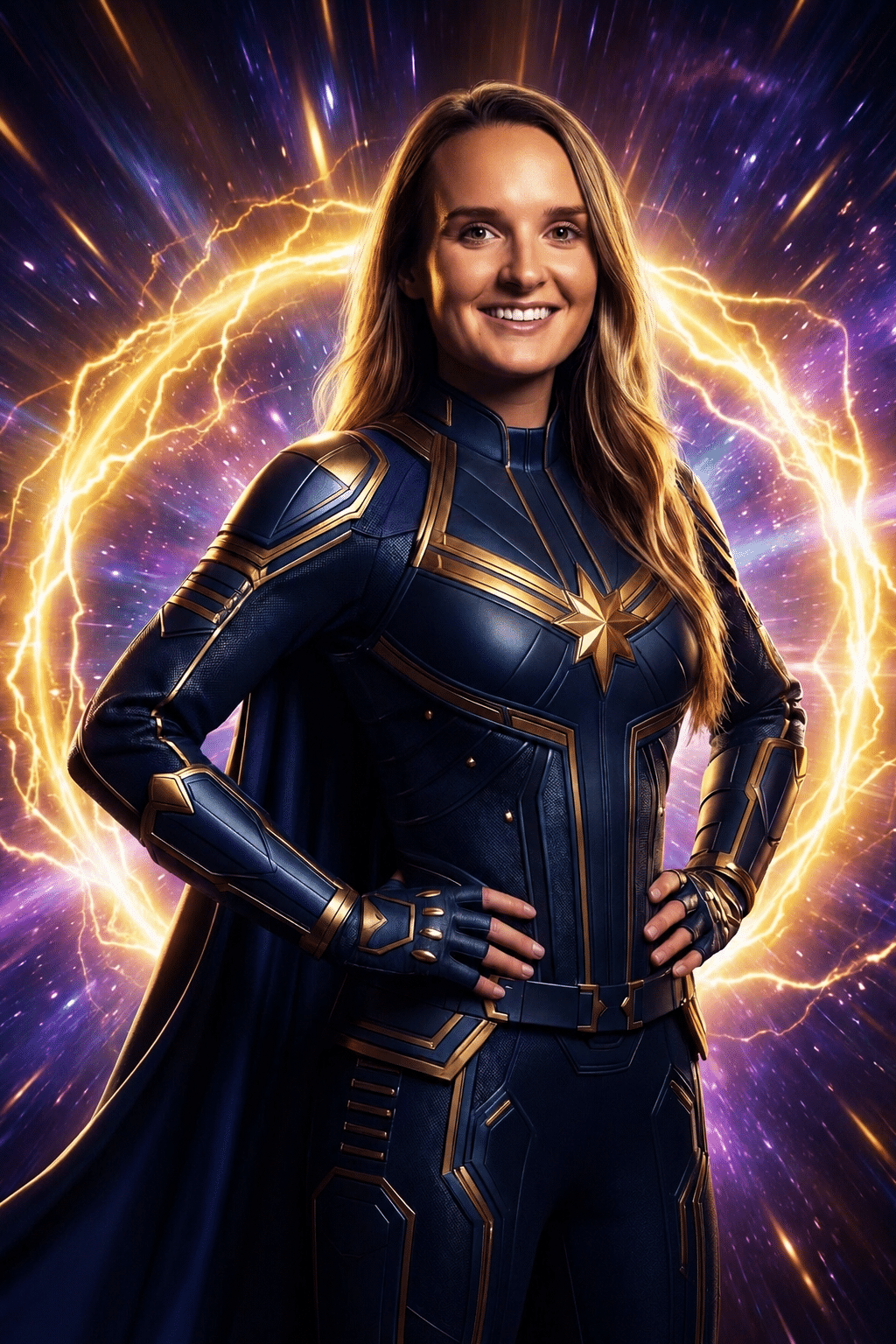 Guest transformed into a custom AI superhero character with cape and glowing energy portal background at a Magic Mirror of New England photo booth experience